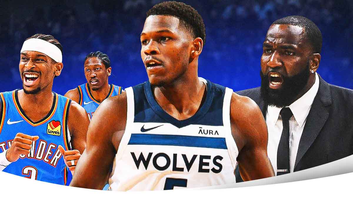 ESPN's Kendrick Perkins next to Timberwolves All-Star Anthony Edwards with a mean look on his face with Thunder All-Star Shai Gilgeous-Alexander in the background smiling next to Thunder All-Star Jalen Williams