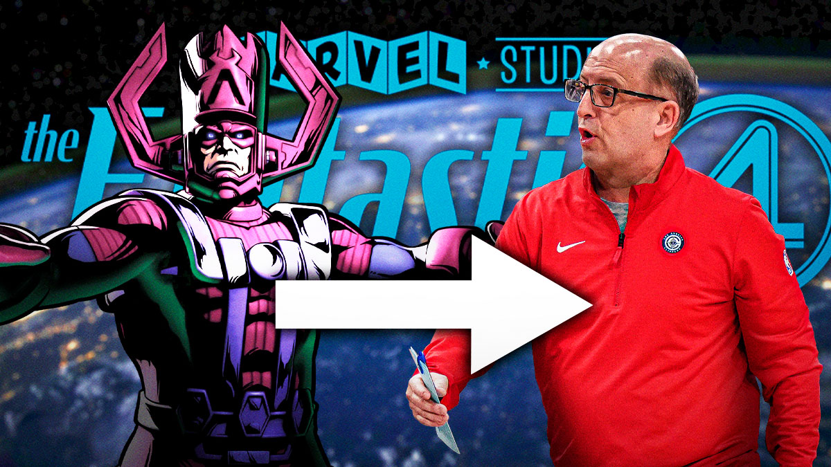 Galactus with an arrow pointing at Jeff Van Gundy with Marvel Studios Fantastic Four: First Steps logo behind them.