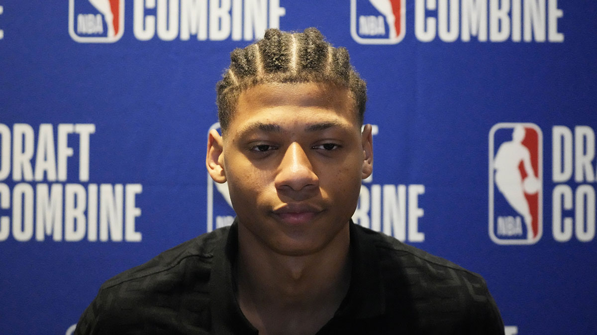 Jeremiah Fears talks to the media during the 2025 NBA Draft Combine at Marriott Marquis Chicago.