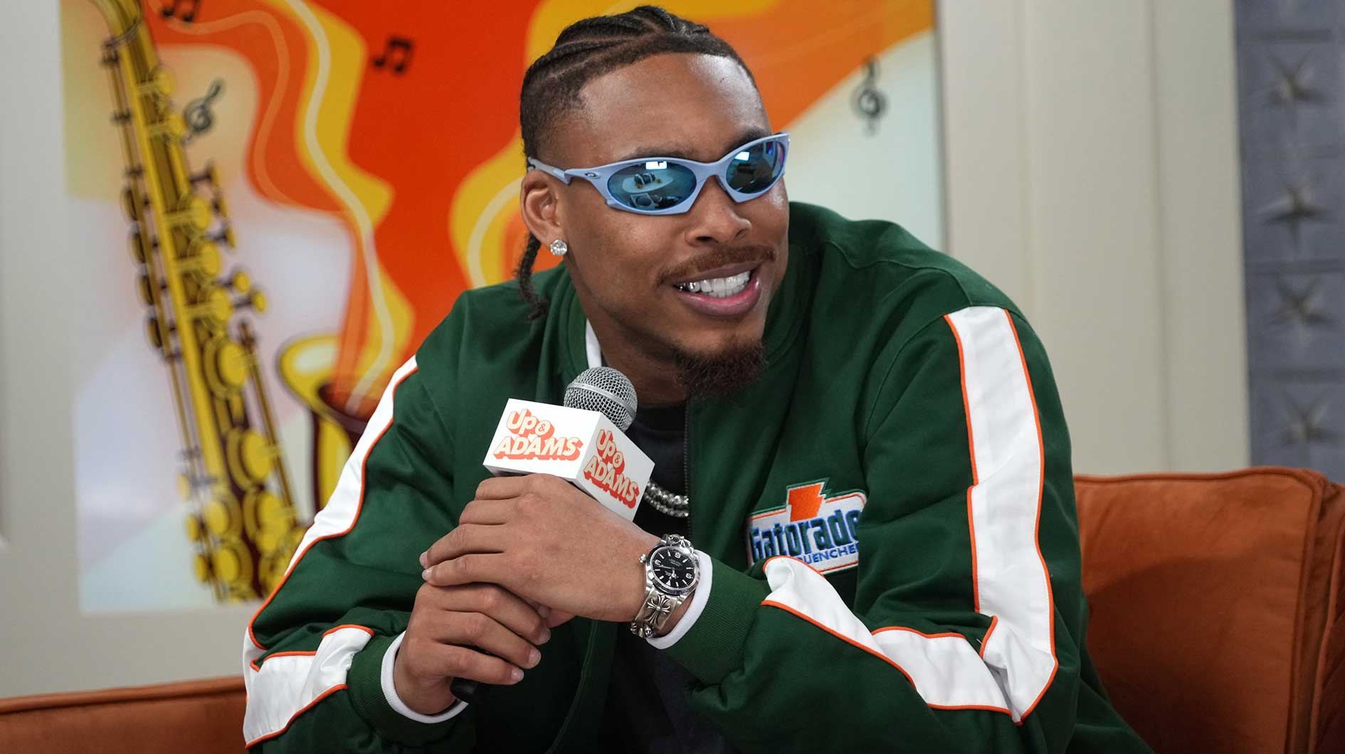 Feb 7, 2025; New Orleans, LA, USA; Minnesota Vikings receiver Justin Jefferson on the Up & Adams set on Radio Row at the Super Bowl LIX media center. Mandatory Credit: Kirby Lee-Imagn Images