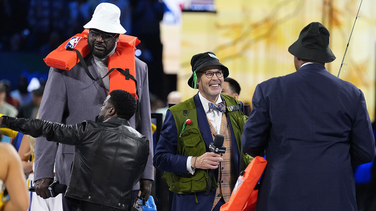 Shaq’s OGs general manager Shaquille O’Neal and Chuck’s Global Stars general manager Charles Barkley and broadcaster Ernie Johnson during a break in the game against Chuck’s Global Stars during the 2025 NBA All Star Game at Chase Center.