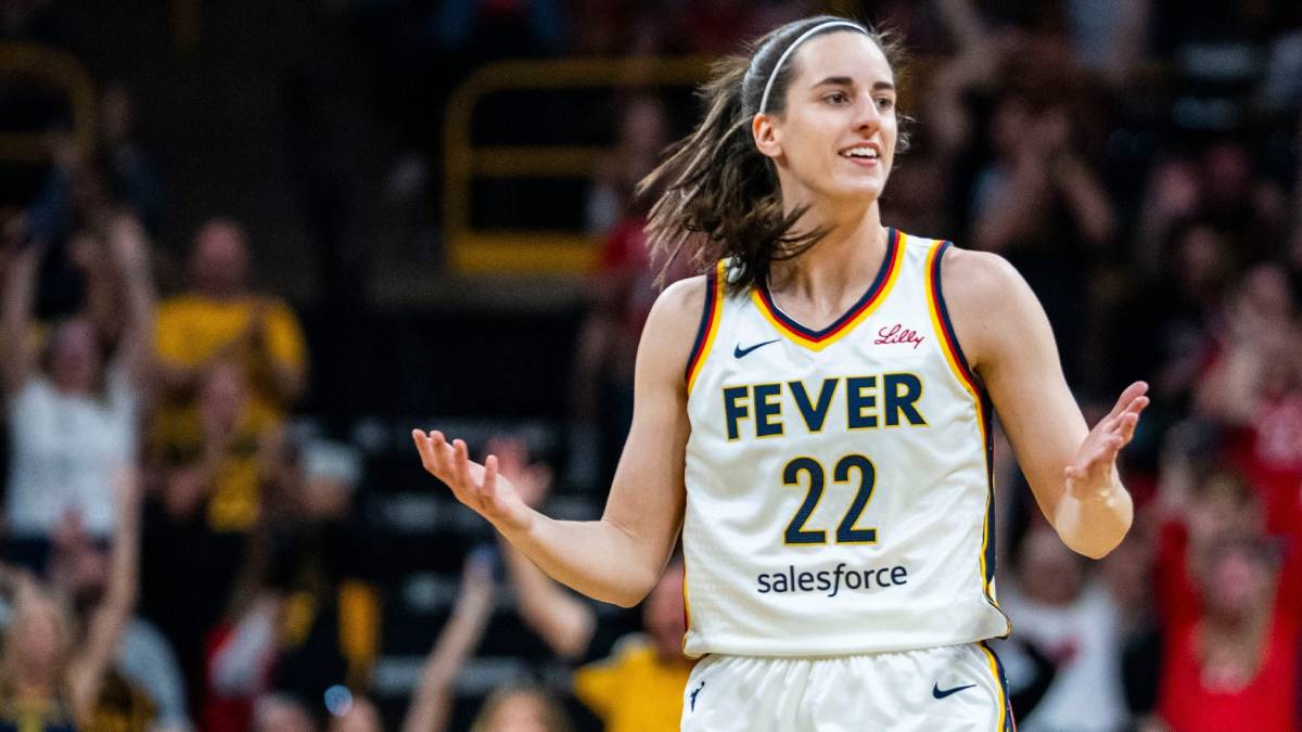 Indiana Fever guard Caitlin Clark (22) questions an official Sunday, May 4, 2025, during a preseason game between the Indiana Fever and the Brazil national team at Carver-Hawkeye Arena in Iowa Cit