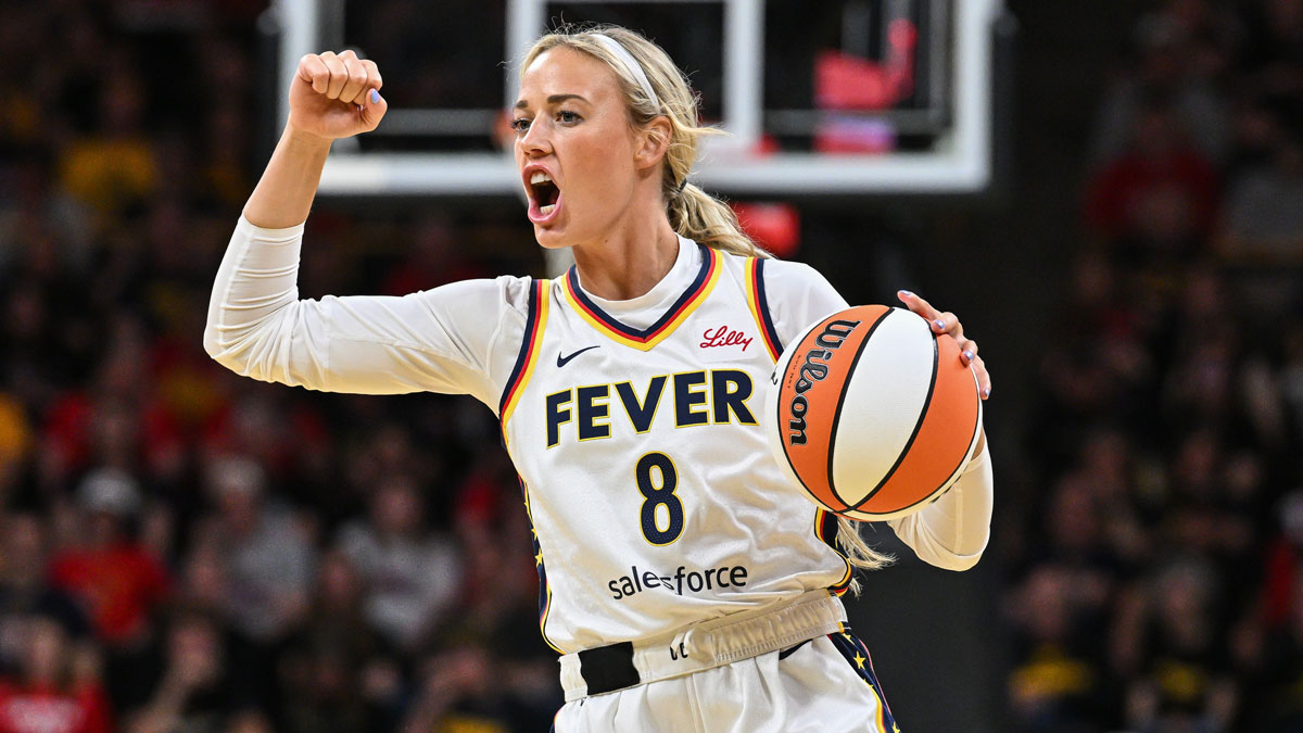 Indiana Fever guard Sophie Cunningham reacts during the third quarter against the Brazil National Team at Carver-Haweye Arena.