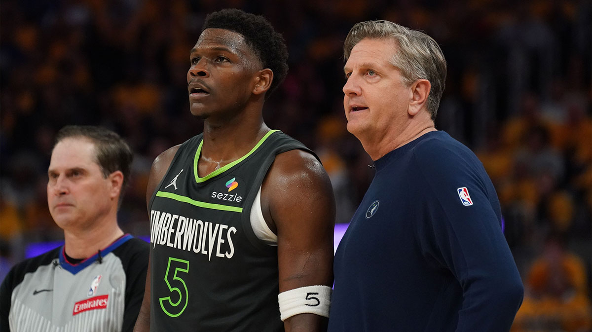 Minnesota Timberwolves guard Anthony Edwards (5) talks with head coach Chris Finch in the third quarter against the Golden State Warriors during game three in the second round of the 2025 NBA Playoffs at Chase Center.