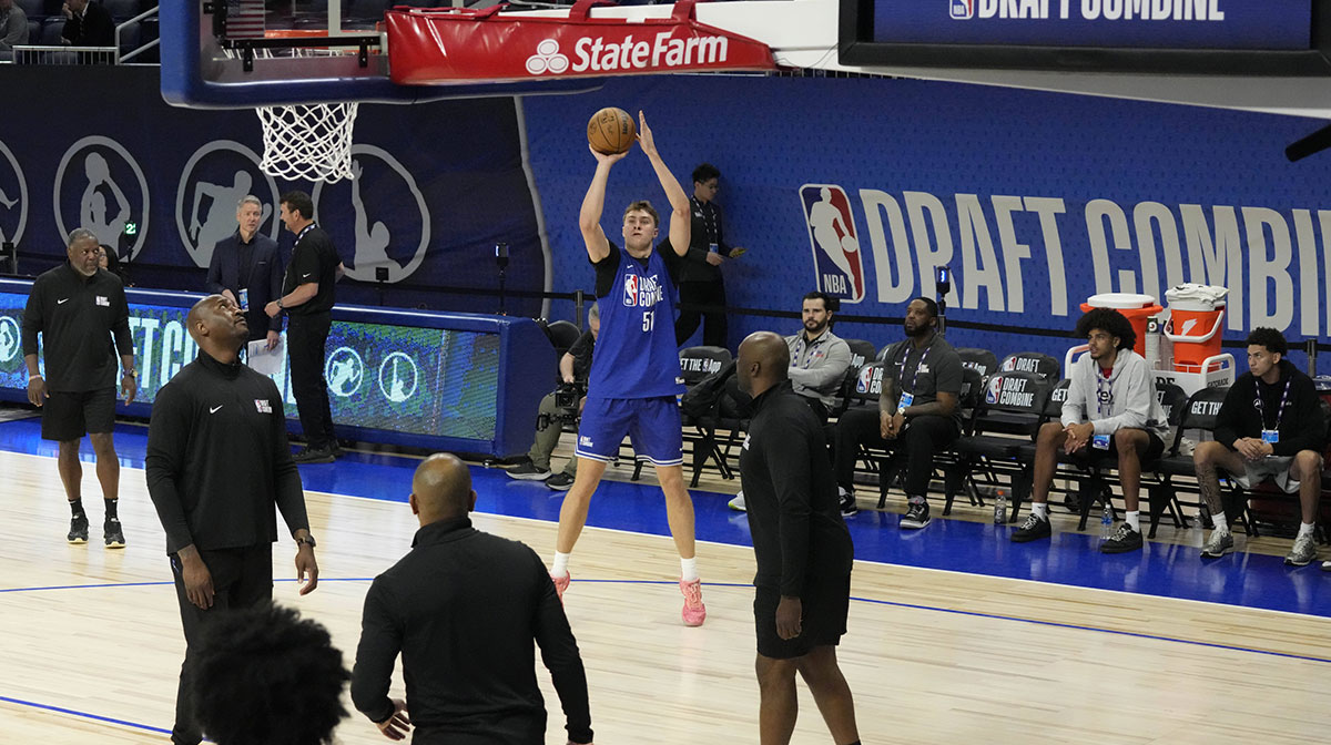 Cooper Flagg (51) participates in the 2025 NBA Draft Combine at Wintrust Arena.