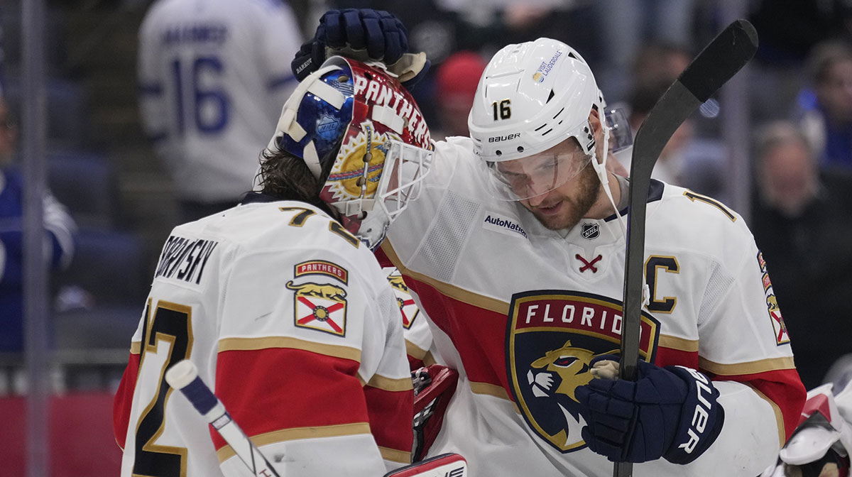 Florida Panthers forward Aleksander Barkov (16) and goaltender Sergei Bobrovsky (72) celebrate winning game seven of the second round of the 2025 Stanley Cup Playoffs over the Toronto Maple Leafs at Scotiabank Arena.