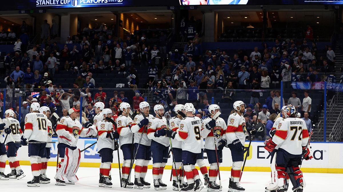 Florida Panthers goaltender Sergei Bobrovsky (72) and teammates celebrate after they best the Tampa Bay Lightning during game five of the first round of the 2025 Stanley Cup Playoffs at Amalie Arena.