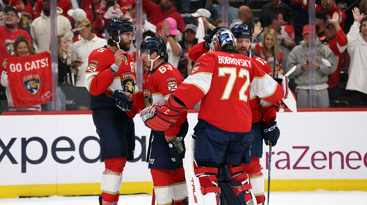 Florida Panthers goaltender Sergei Bobrovsky (72), defenseman Aaron Ekblad (5), center Brad Marchand (63) and center Sam Reinhart (13) celebrate after they beat the Toronto Maple Leafs in game four of the second round of the 2025 Stanley Cup Playoffs at Amerant Bank Arena