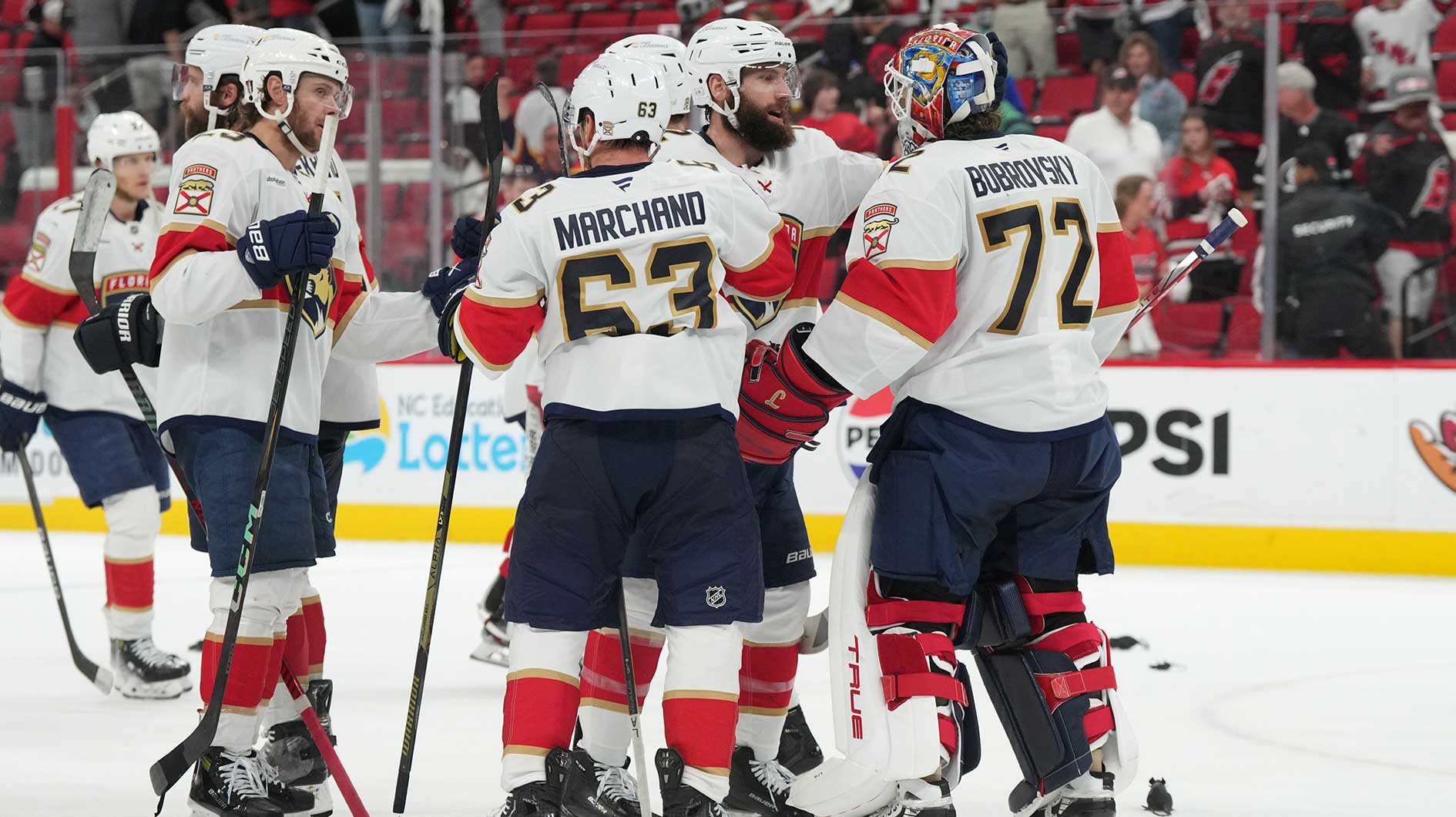 Florida Panthers celebrate the win against the Carolina Hurricanes in game two of the Eastern Conference Final of the 2025 Stanley Cup Playoffs at Lenovo Center.