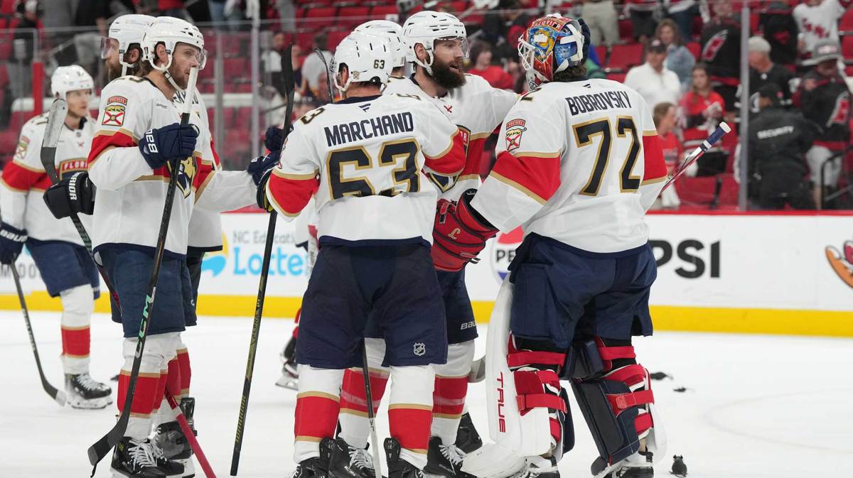 Florida Panthers celebrate the win against the Carolina Hurricanes in game two of the Eastern Conference Final of the 2025 Stanley Cup Playoffs at Lenovo Center.