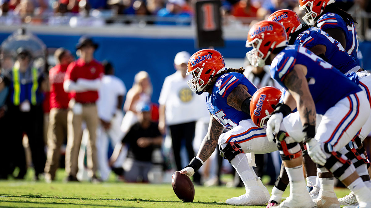 Florida Gators offensive lineman Kingsley Eguakun (65) waits for the defense to line up during the first half against the Georgia Bulldogs at Everbank Stadium