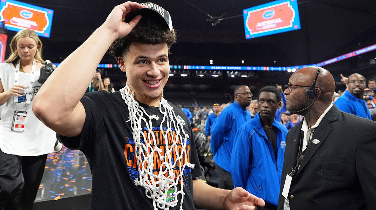 Florida Gators guard Walter Clayton Jr. (1) celebrates after winning the national championship game of the Final Four of the 2025 NCAA Tournament at the Alamodome.
