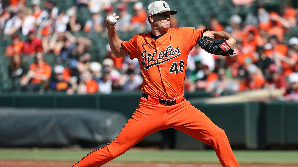 Baltimore Orioles pitcher Kyle Gibson (48) throws during the first inning against the Washington Nationals at Oriole Park at Camden Yards.