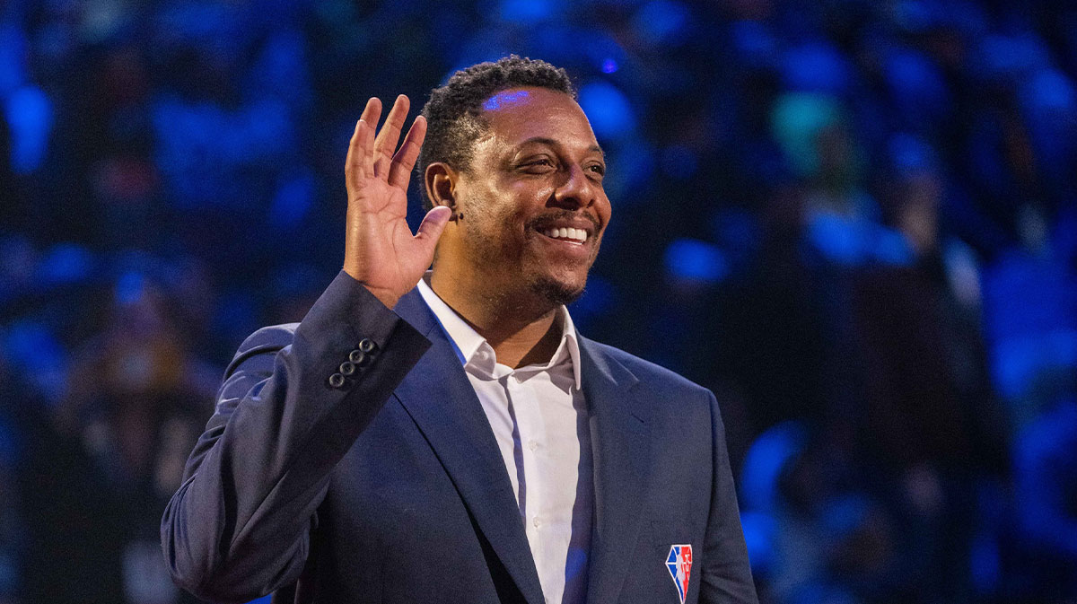 NBA great Paul Pierce is honored for being selected to the NBA 75th Anniversary Team during halftime in the 2022 NBA All-Star Game at Rocket Mortgage FieldHouse.