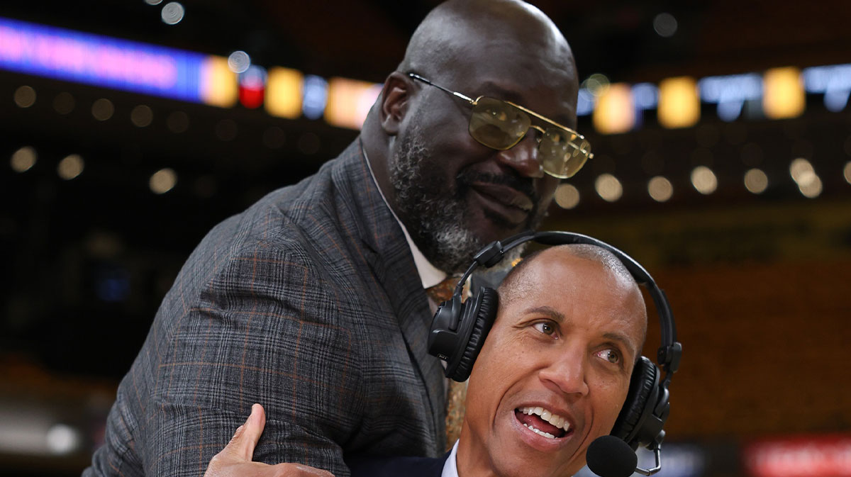 Reggie Miller is hugged by Shaquille O'Neal during a broadcast prior to game four of the eastern conference finals between the Indiana Pacers and the New York Knicks for the 2025 NBA Playoffs at Gainbridge Fieldhouse.