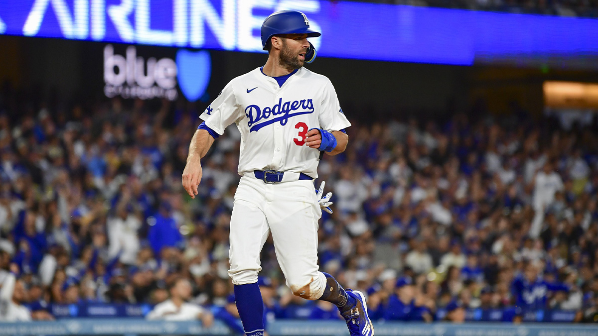 Los Angeles Dodgers outfielder Chris Taylor (3) scores a run in the third inning against the Oakland Athletics at Dodger Stadium.