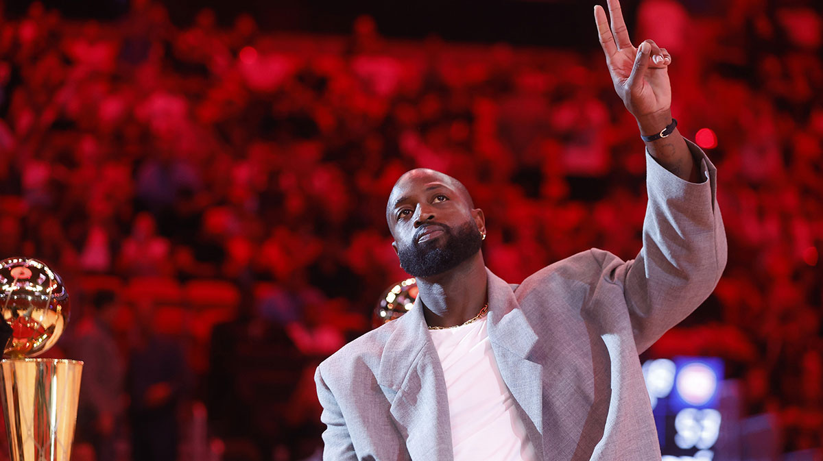 Former Miami Heat guard Dwyane Wade is honored at halftime during the game against the Detroit Pistons at Kaseya Center.