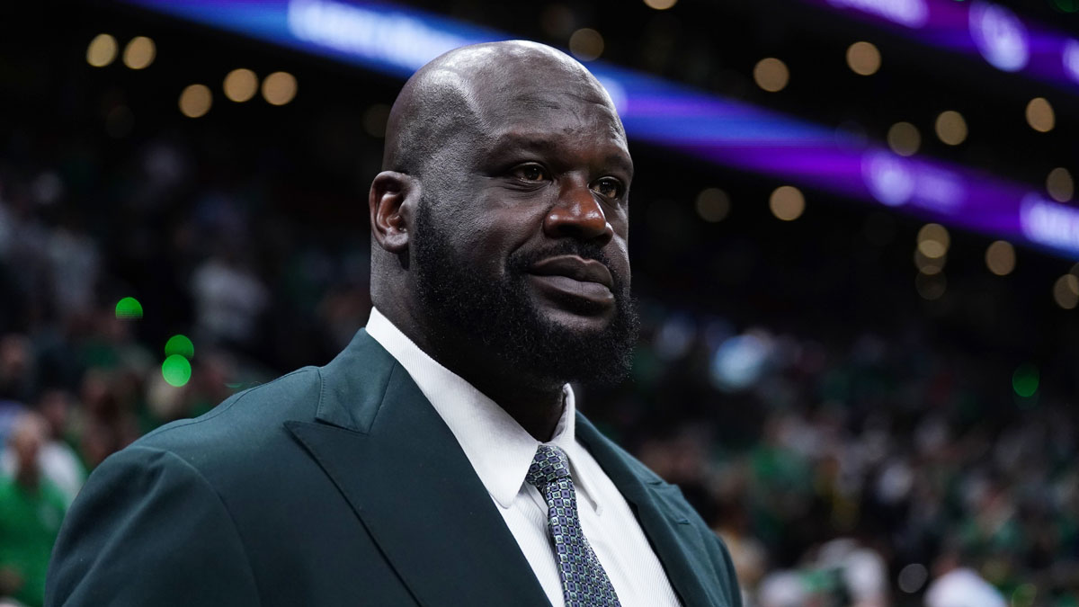 Shaquille O'Neal looks on before the game between the Boston Celtics and the Dallas Mavericks in game one of the 2024 NBA Finals at TD Garden.