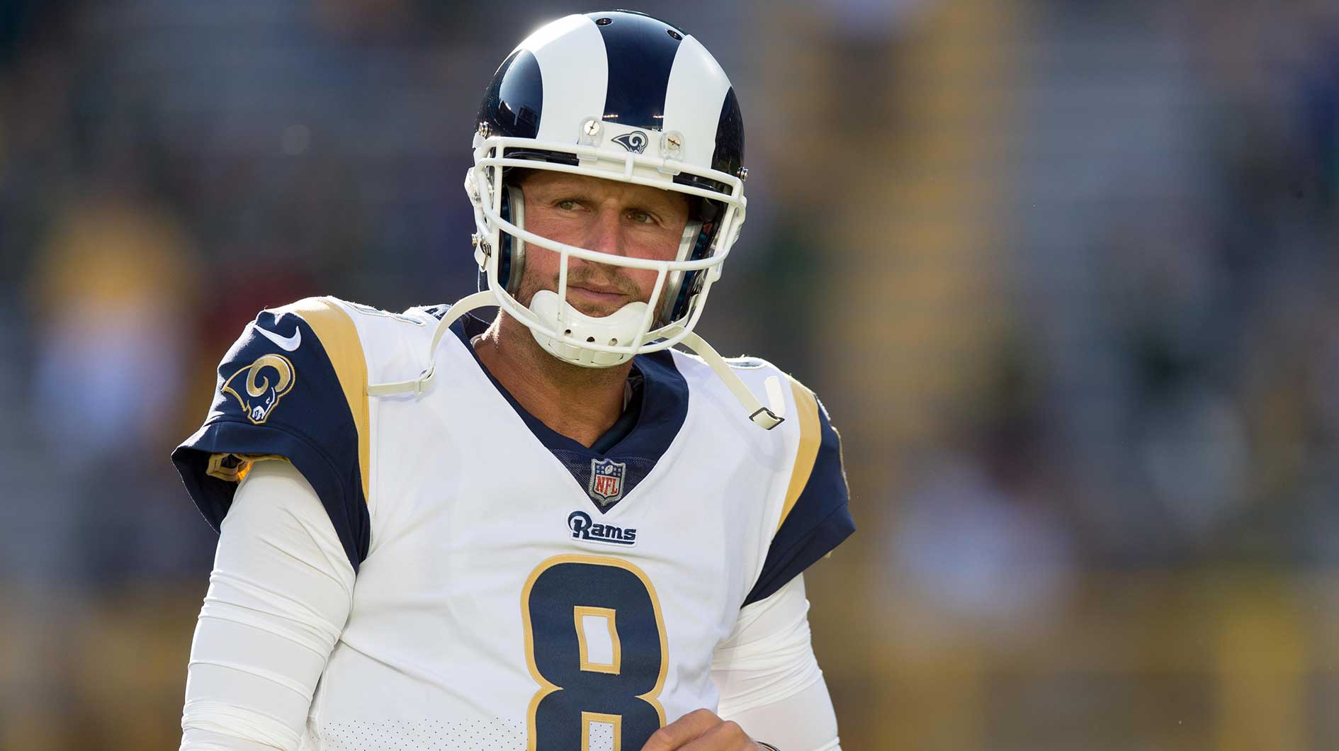 Los Angeles Rams quarterback Dan Orlovsky (8) during warmups prior to the game against the Green Bay Packers at Lambeau Field.