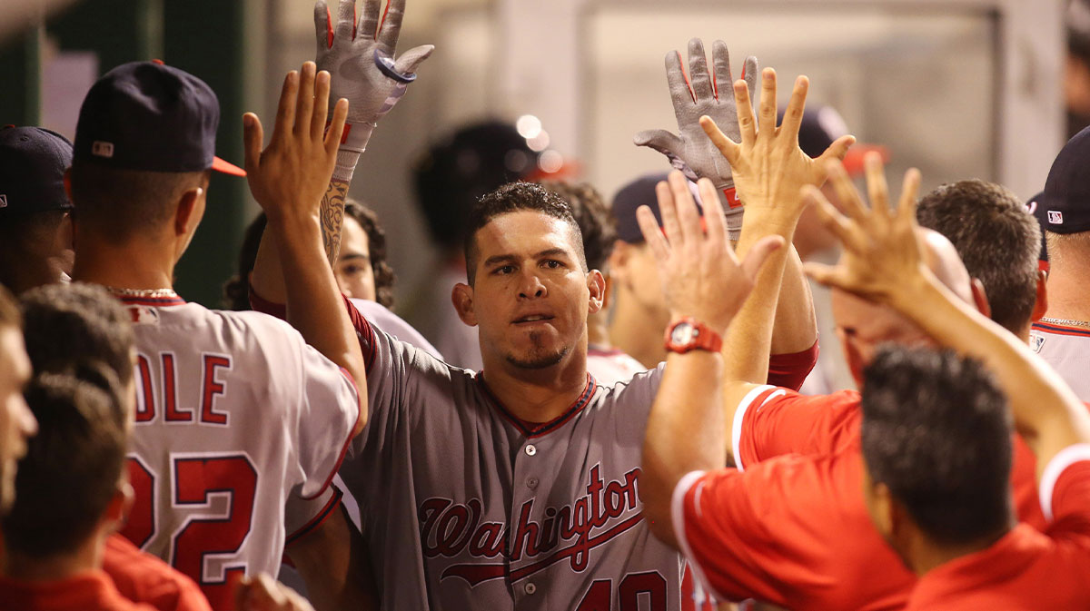 Washington Nationals catcher Wilson Ramos (40) celebrates in the dugout after hitting a solo home run against the Pittsburgh Pirates during the sixth inning at PNC Park.