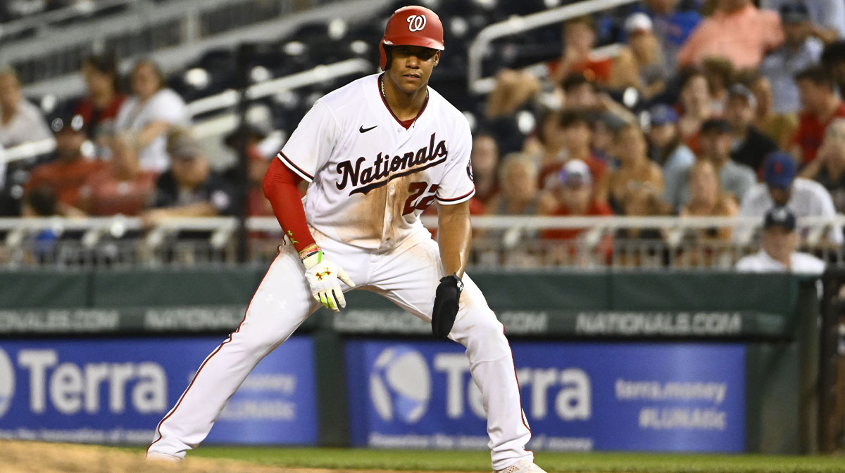 Washington Nationals right fielder Juan Soto (22) leads off first base against the New York Mets during the eighth inning at Nationals Park.