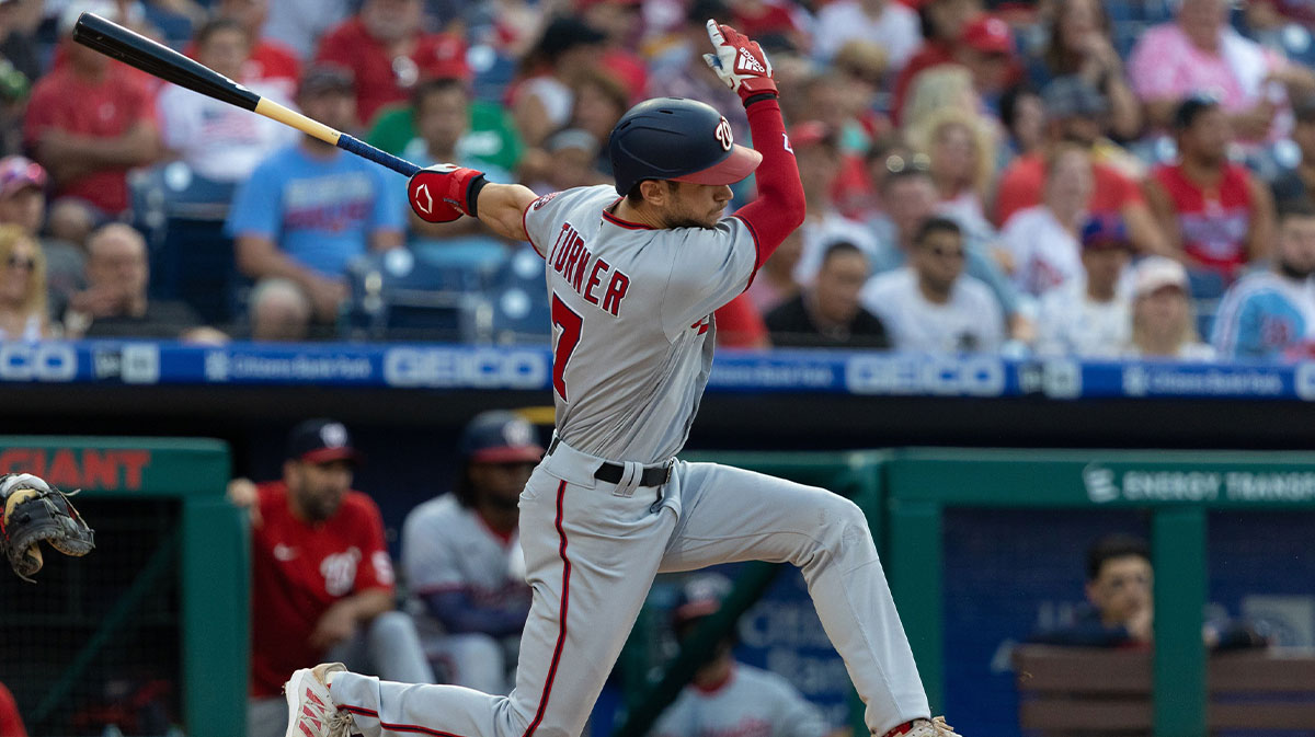 Washington Nationals shortstop Trea Turner (7) bats during the first inning against the Philadelphia Phillies at Citizens Bank Park.