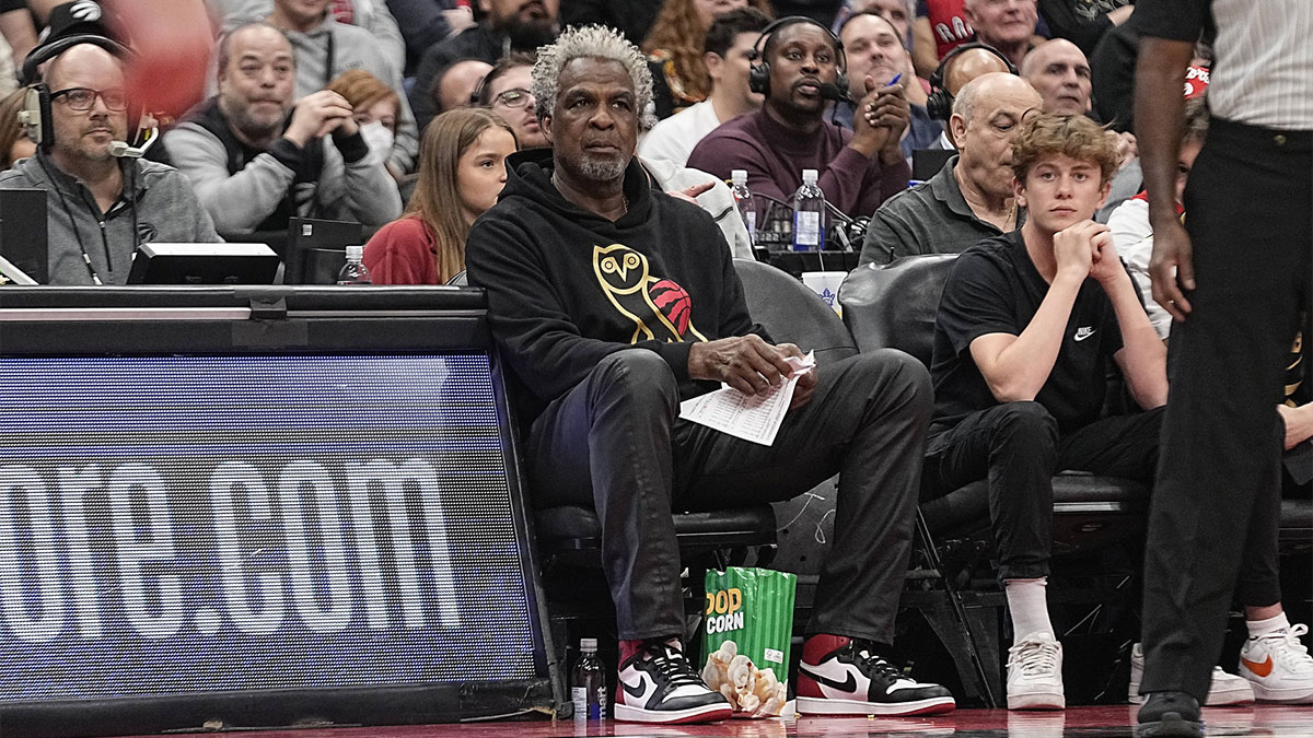 Former NBA player Charles Oakley watches the action between the Chicago Bulls and Toronto Raptors in the play-in game at Scotiabank Arena.