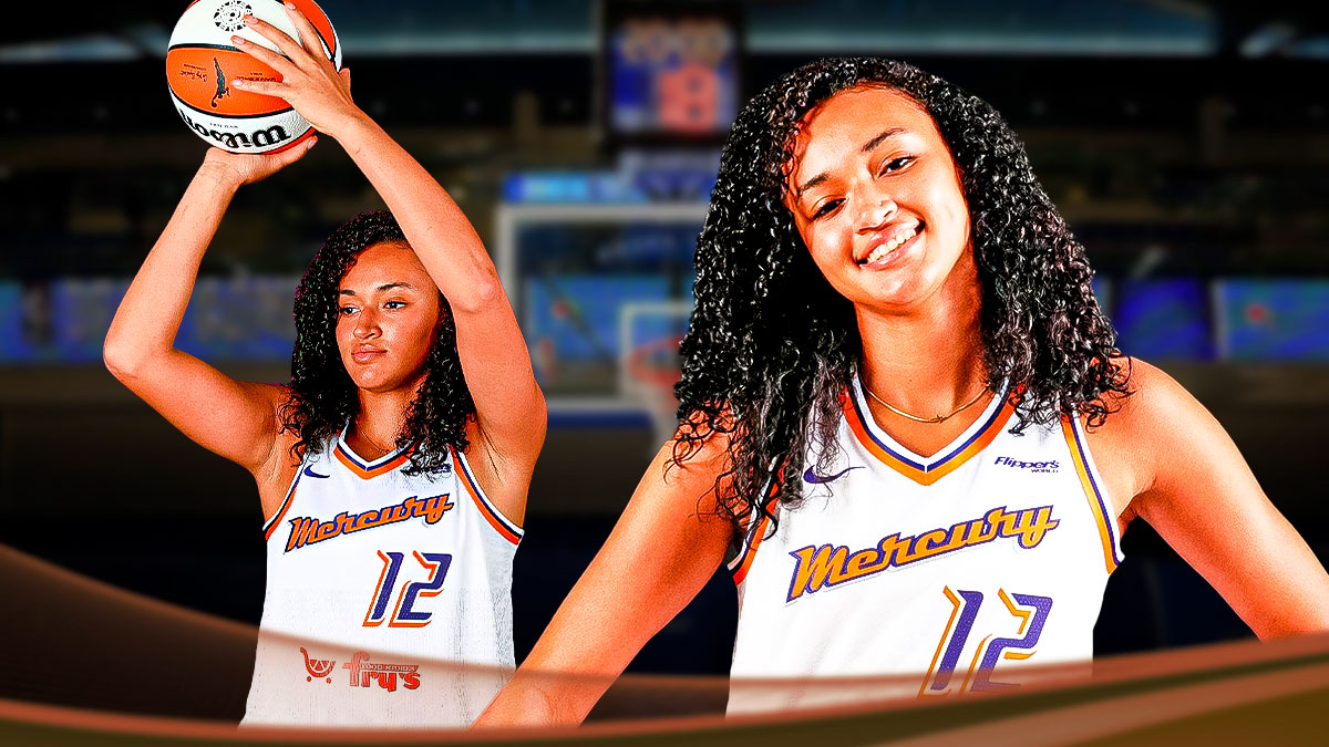 Celeste Taylor in a Mercury jersey shooting a ball, and another photo of Taylor in a Mercury jersey in a defensive stance