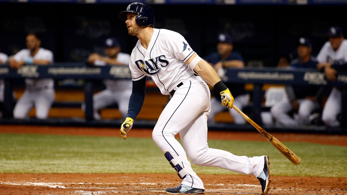 Tampa Bay Rays third baseman Evan Longoria (3) singles during the fifth inning against the Boston Red Sox at Tropicana Field.