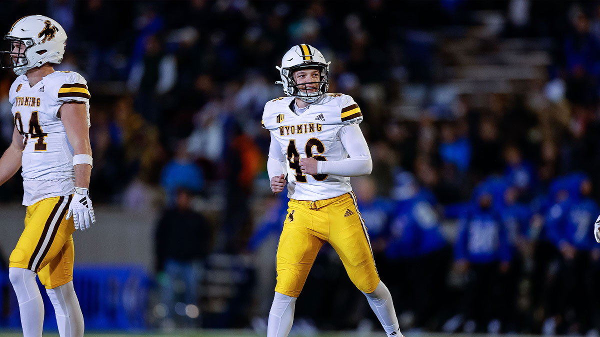 Wyoming Cowboys place kicker John Hoyland (46) reacts after missing a field goal attempt in the fourth quarter against the Air Force Falcons at Falcon Stadium.