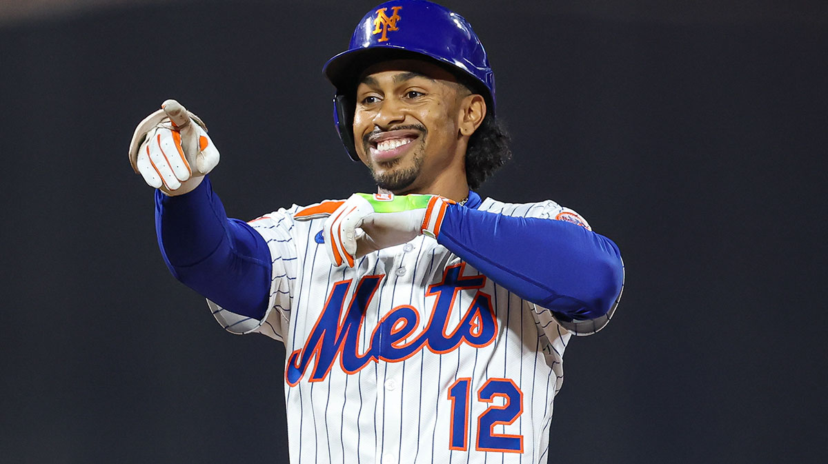 May 27, 2025; New York City, New York, USA; New York Mets shortstop Francisco Lindor (12) reacts after hitting a double during the sixth inning against the Chicago White Sox at Citi Field.