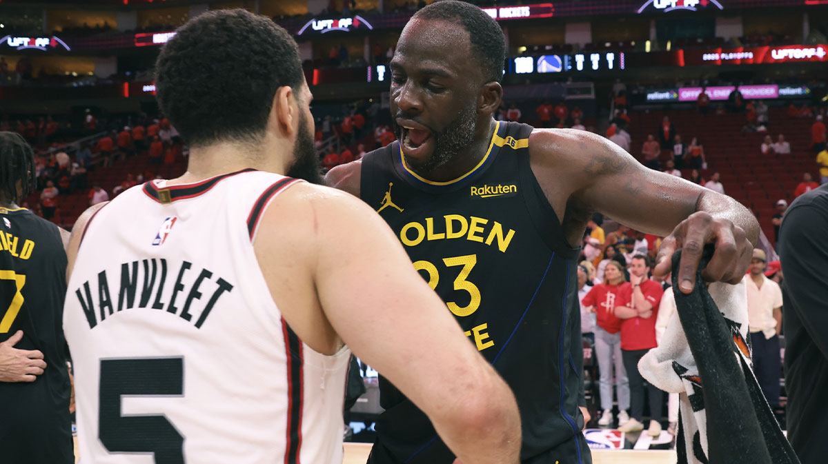 Golden State Warriors forward Draymond Green (23) greets Houston Rockets guard Fred VanVleet (5) after game seven of the first round for the 2025 NBA Playoffs at Toyota Center.