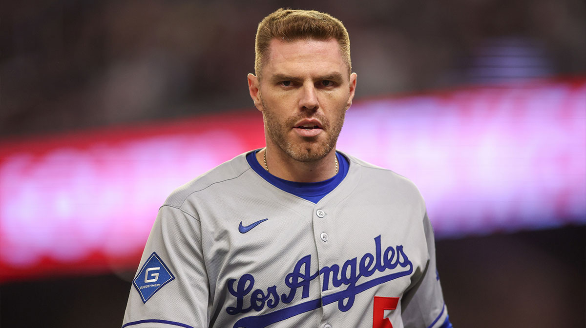 Los Angeles Dodgers first baseman Freddie Freeman (5) in action against the Atlanta Braves in the sixth inning at Truist Park
