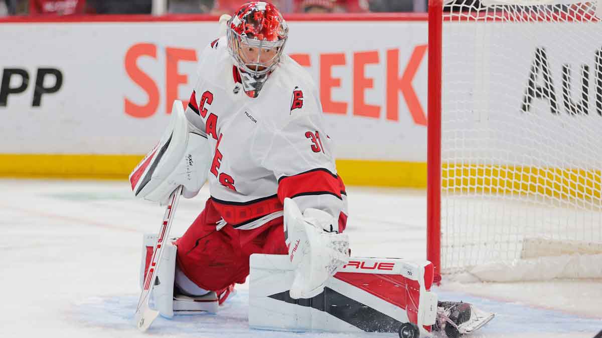 Carolina Hurricanes goaltender Frederik Andersen (31) makes a save during the third period against the Florida Panthers in game four of the Eastern Conference Final of the 2025 Stanley Cup Playoffs at Amerant Bank Arena.