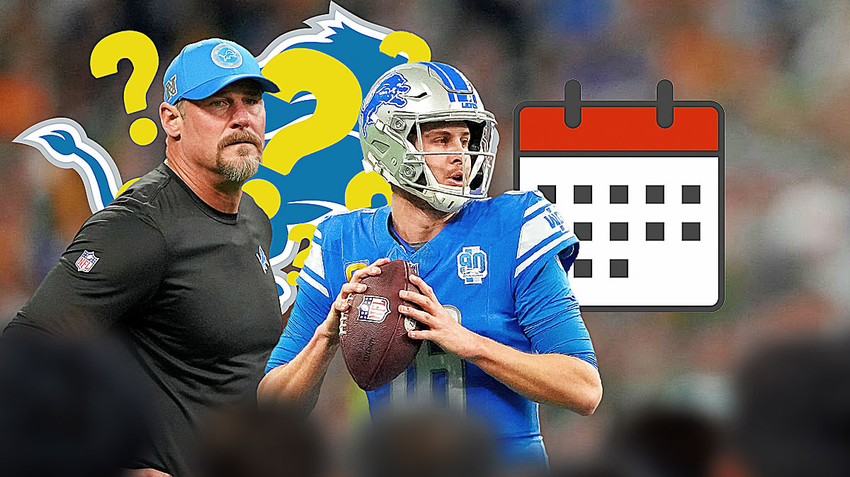 Detroit Lions head coach Dan Campbell with QB Jared Goff. They are next to a calendar emoji (📅) surrounded by question marks. There is also a logo for the Detroit Lions.