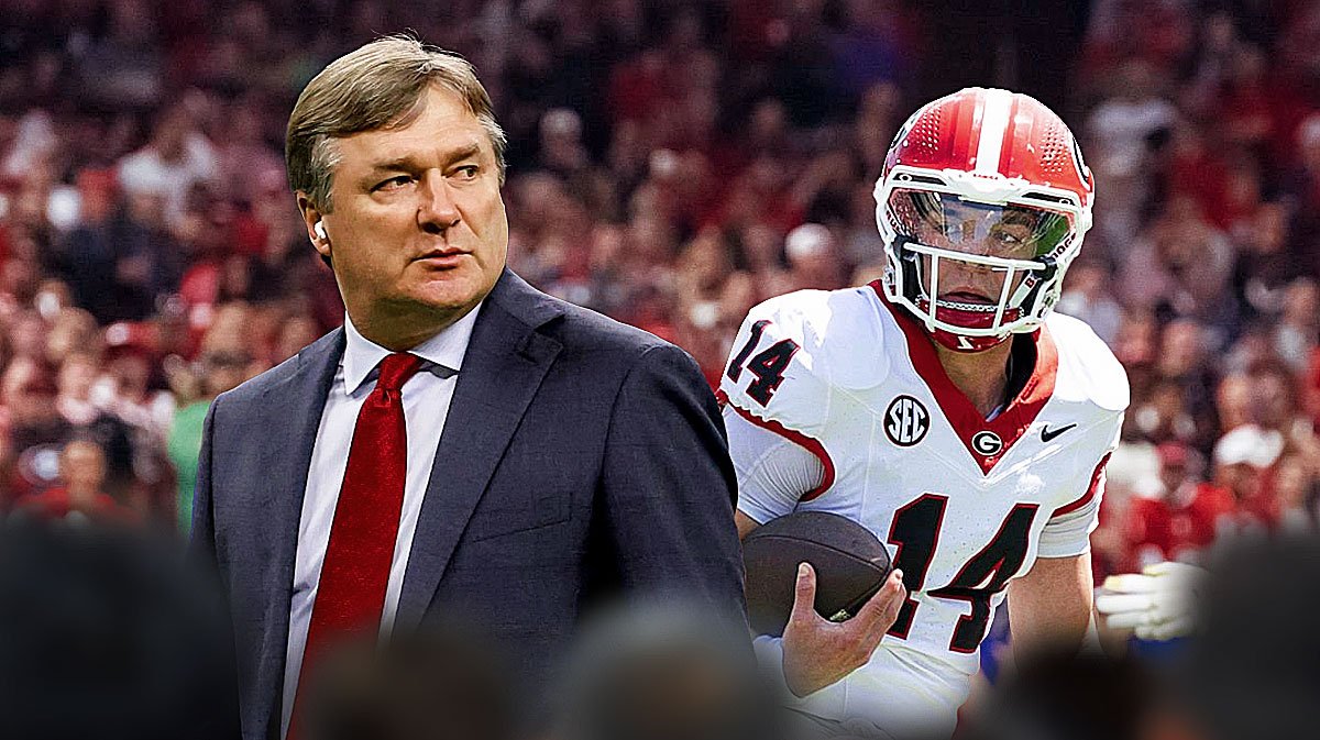 Kirby Smart and Gunnar Stockton. Georgia Stadium in the background. Georgia, Georgia schedule, Georgia prediction