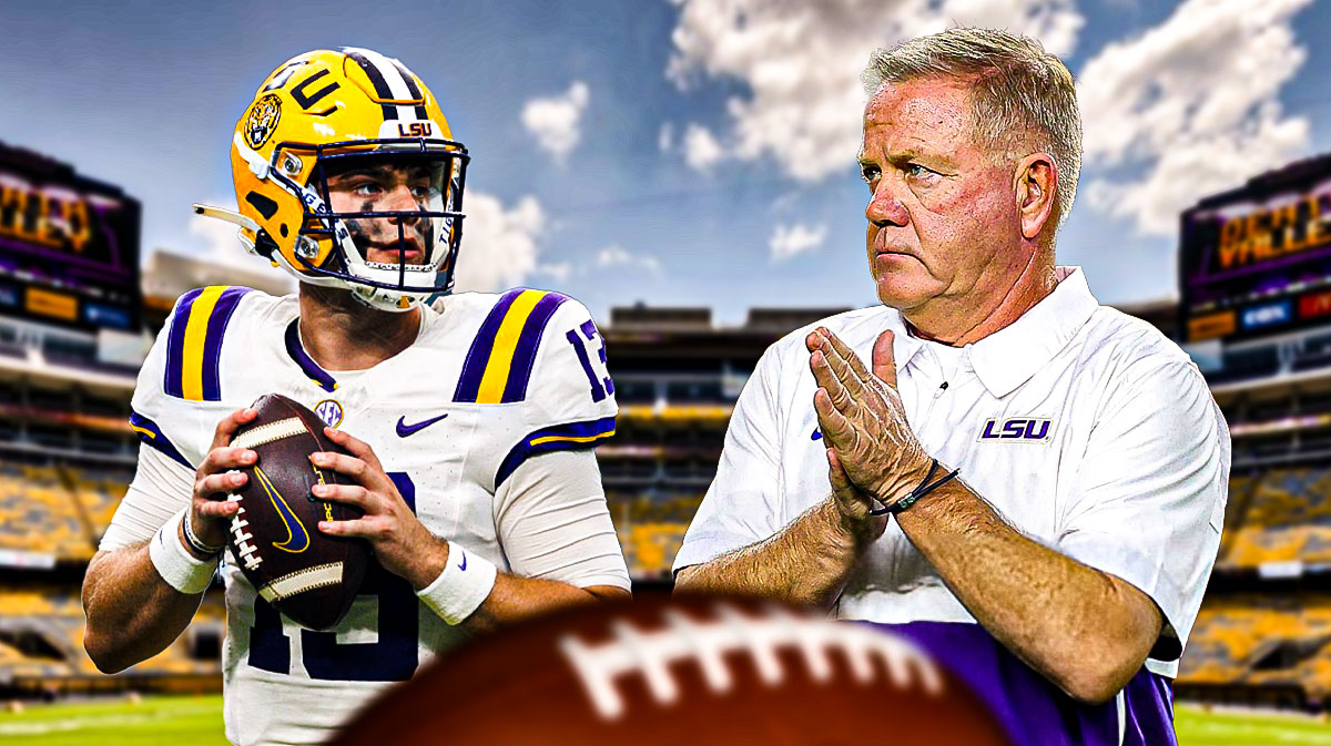 Brian Kelly and Garrett Nussmeier with Tigers stadium in the background, LSU schedule, LSU prediction, LSU
