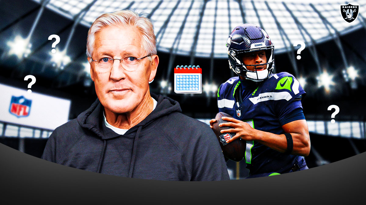 Las Vegas Raiders head coach Pete Carroll with QB Geno Smith. They are next to a calendar emoji (📅) that is surrounded by question marks. There is also a logo for the Las Vegas Raiders.