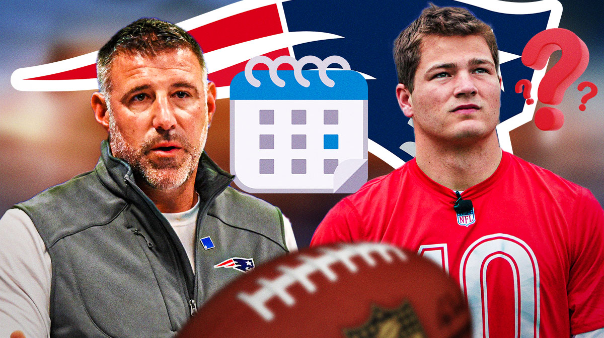 New England Patriots head coach Mike Vrabel with QB Drake Maye. They are next to a calendar emoji (📅) that is surrounded by question marks. There is also a logo for the New England Patriots.