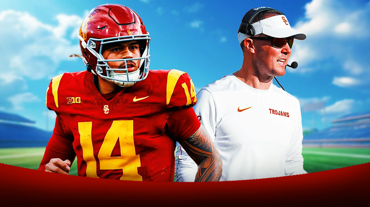 Jayden Maiava and Lincoln Riley. The LA Colussieum in the background. USC football, usc schedule, usc prediction