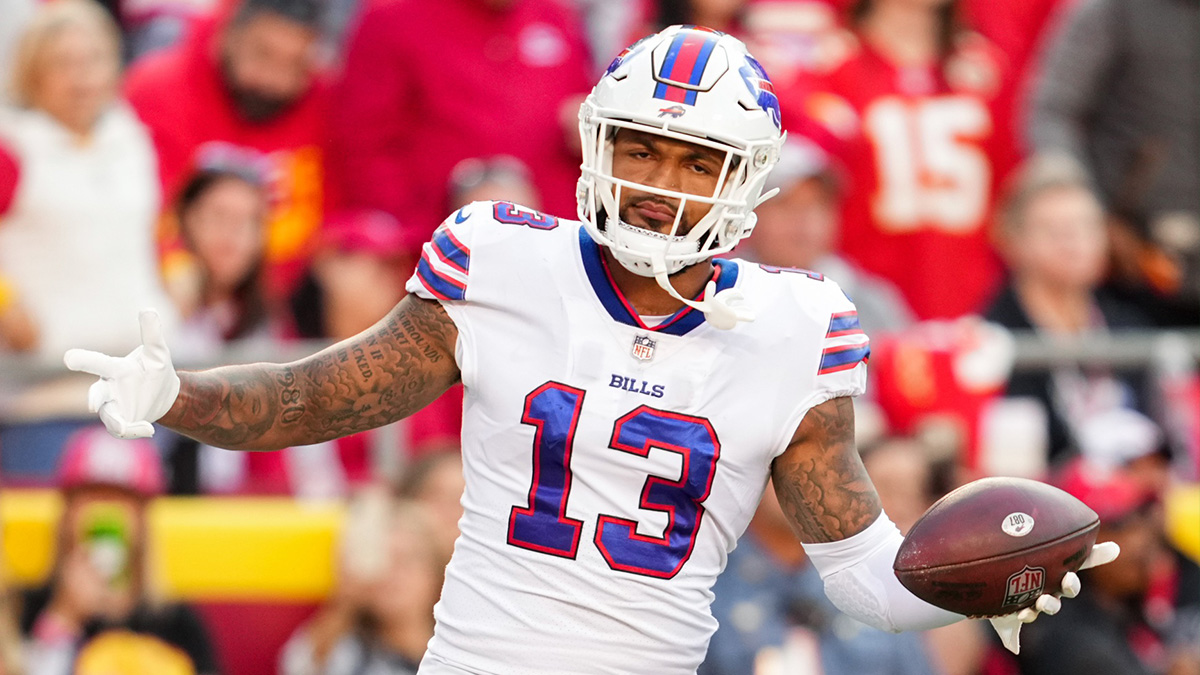 Oct 16, 2022; Kansas City, Missouri, USA; Buffalo Bills wide receiver Gabe Davis (13) celebrates after scoring a touchdown during the first half against the Kansas City Chiefs at GEHA Field at Arrowhead Stadium. Mandatory Credit: Jay Biggerstaff-Imagn Images