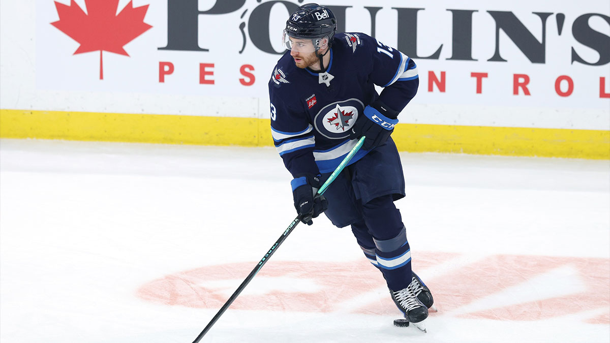 Winnipeg Jets center Gabriel Vilardi (13) warms up before a game against the Dallas Stars in game two of the second round of the 2025 Stanley Cup Playoffs at Canada Life Centre