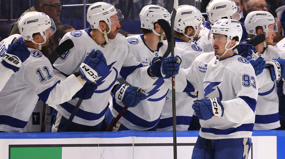 Tampa Bay Lightning center Gage Goncalves (93) celebrates his goal with teammates during the second period against the Buffalo Sabres at KeyBank Center.