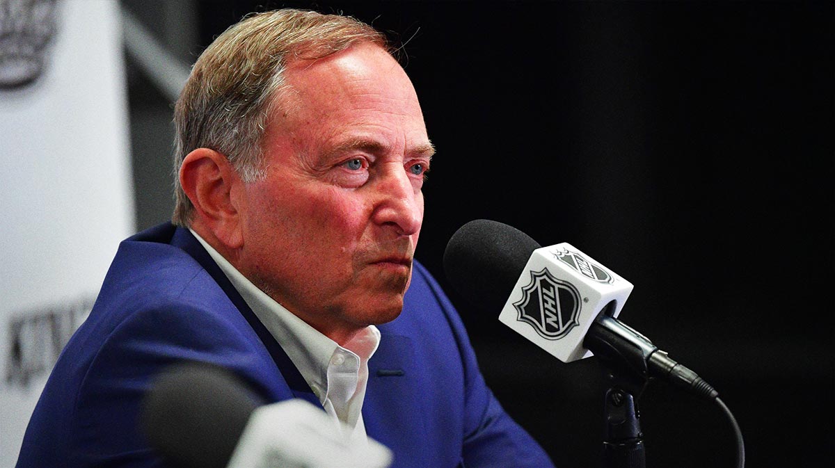 NHL commissioner Gary Bettman speaks during media availabilities before the Los Angeles Kings play against the Utah Hockey Club at Crypto.com Arena.