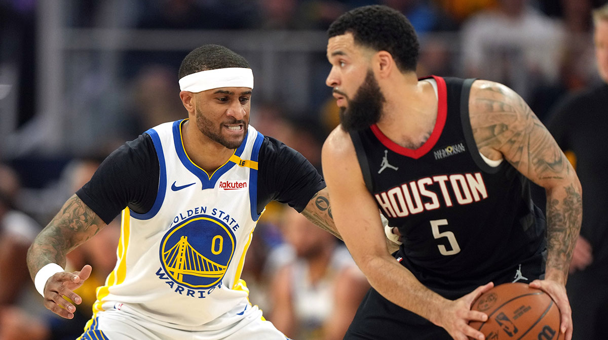 Golden State Warriors guard Gary Payton II (0) defends against Houston Rockets guard Fred VanVleet (5) during the second quarter of game three of first round for the 2024 NBA Playoffs at Chase Center.