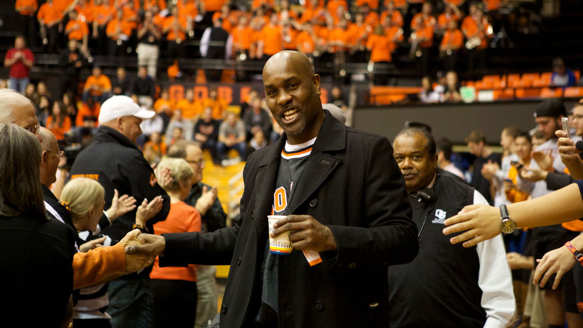 Former Oregon State Beavers player Gary Payton is welcomed by the home crowd before the Beavers-California Golden Bears game at Gill Coliseum.