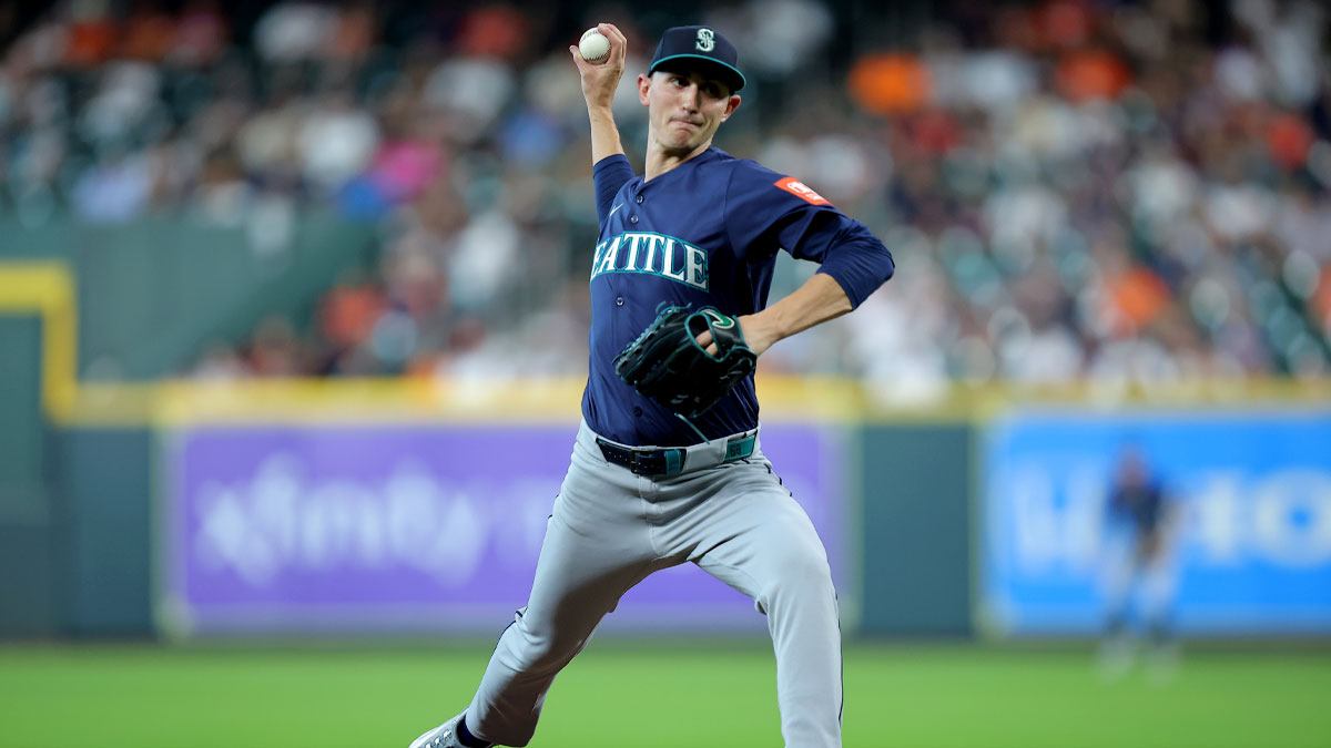 May 22, 2025; Houston, Texas, USA; Seattle Mariners starting pitcher George Kirby (68) delivers a pitch against the Houston Astros during the first inning at Daikin Park.