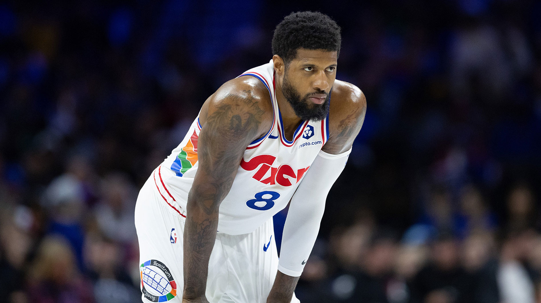 Philadelphia 76ers forward Paul George (8) looks on against the Golden State Warriors during the second quarter at Wells Fargo Center.