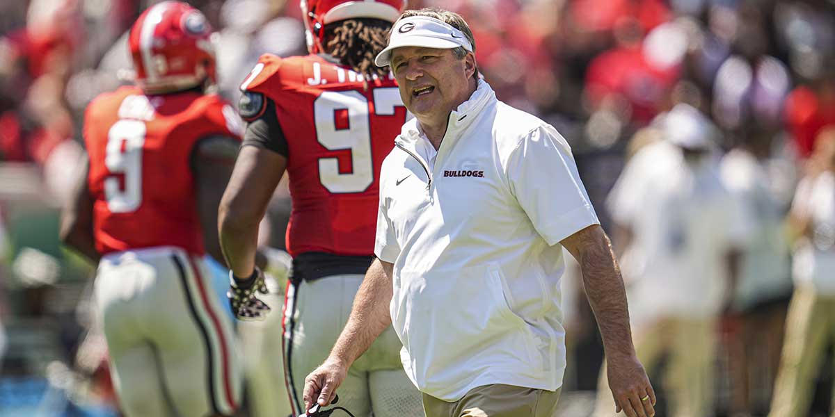 Georgia Bulldogs head coach Kirby Smart shown during the Georgia Spring game at Sanford Stadium.