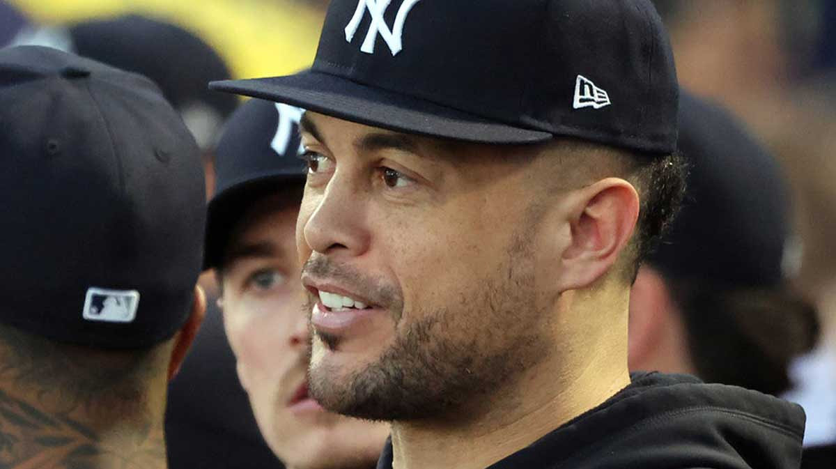 New York Yankees designated hitter Giancarlo Stanton (27) looks on during the second inning against the Tampa Bay Rays.